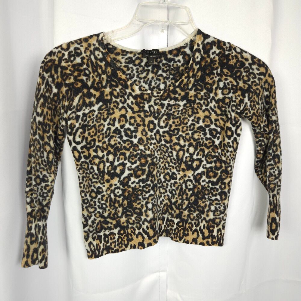 VTG Talbots Womens Small Leopard Cheetah Print Merino‎ Wool Crop Sweater